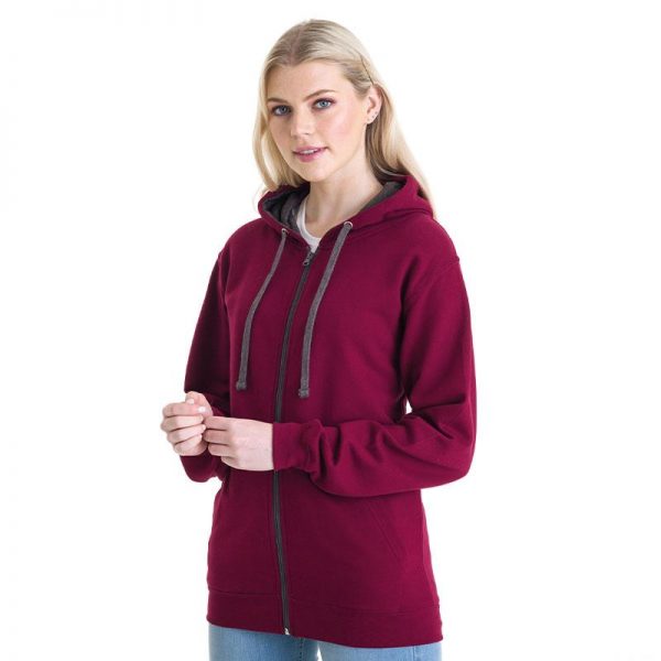 Zip-up Unisex Warm Hoodie - Contrast Inner Hood & Flat Lace Drawcords - Poly/Cotton Zoodie - Image 3